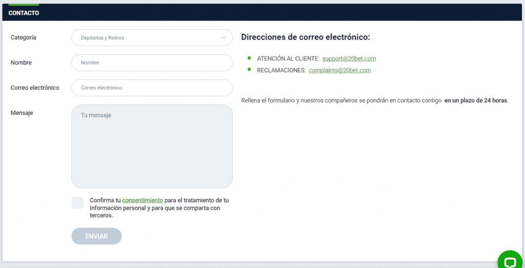 Soporte de 20Bet casino